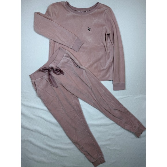 Victoria's Secret Other - Victorias Secret Pink Velour Lounge Set Top Pants Heart Logo XS Open Back